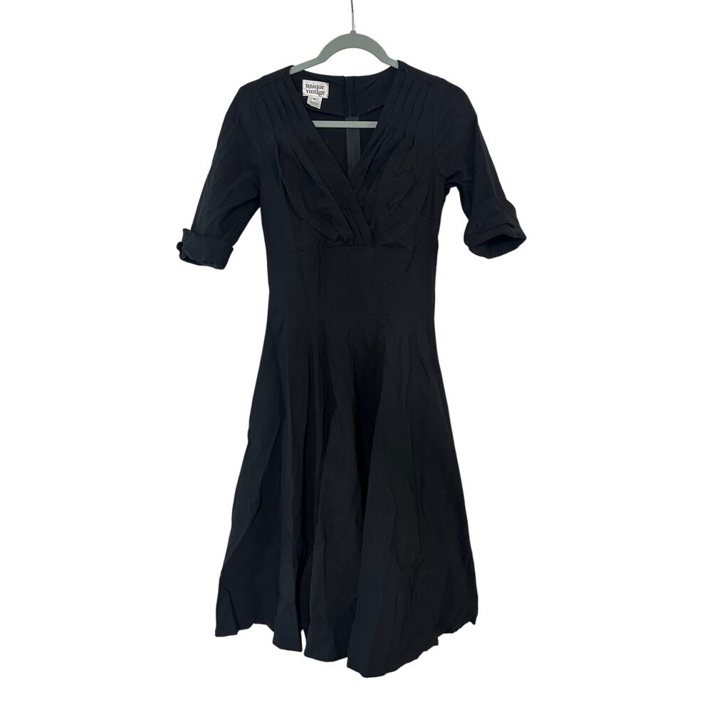 Unique Vintage Black Delores Swing Dress with Sleeves Fit Flare  - Sz Medium - Picture 3 of 7